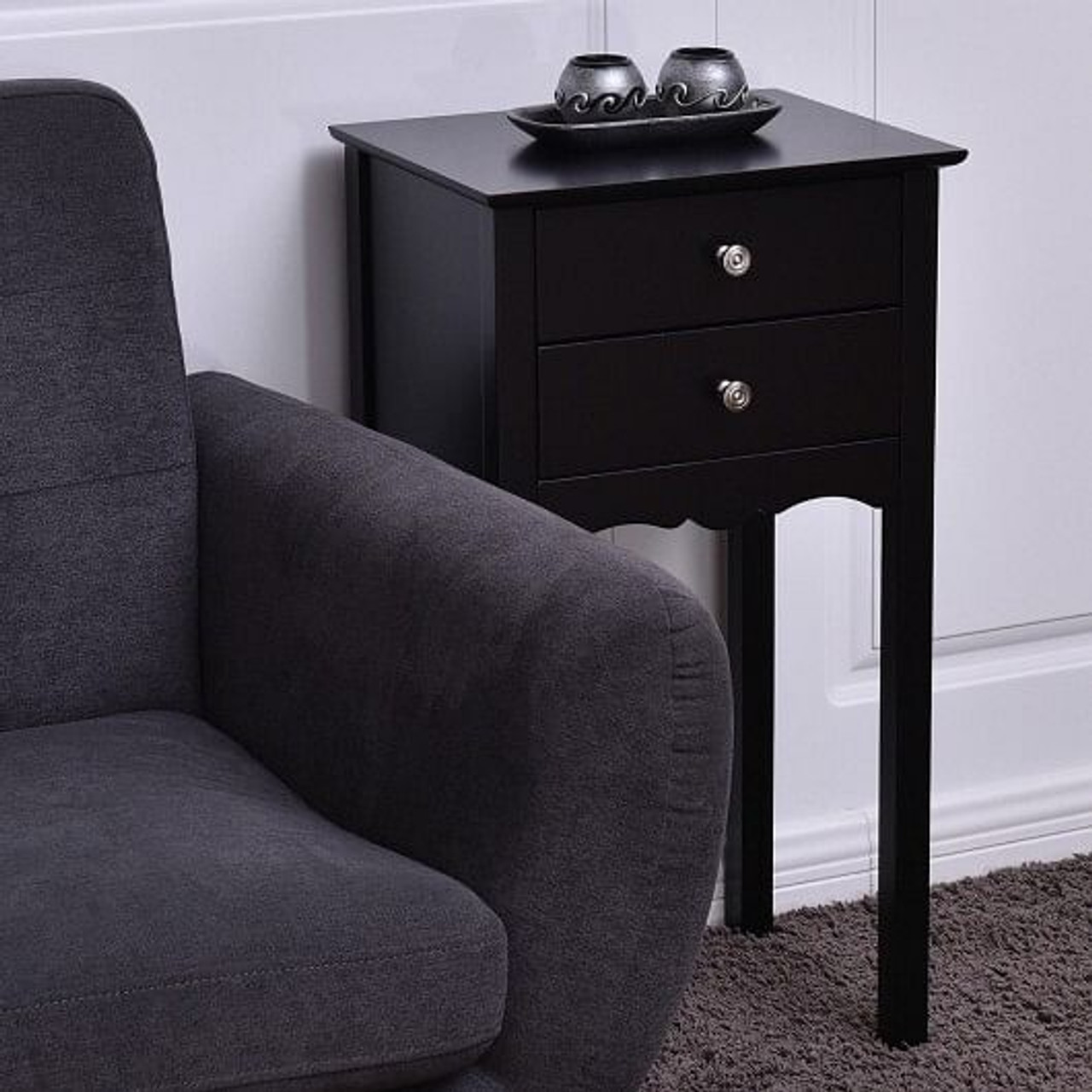 Side Table End Accent Table with 2 Drawers-Black