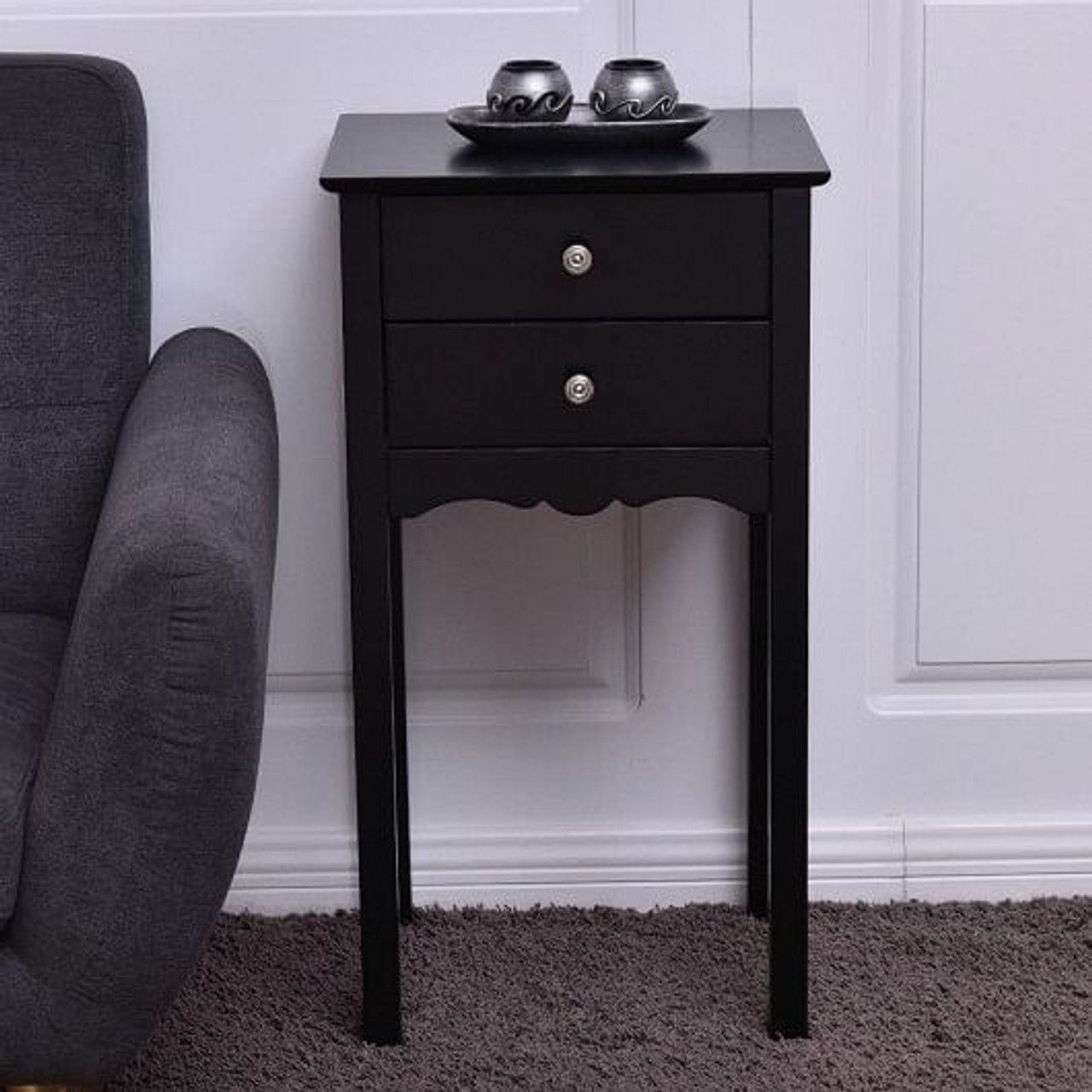 Side Table End Accent Table with 2 Drawers-Black