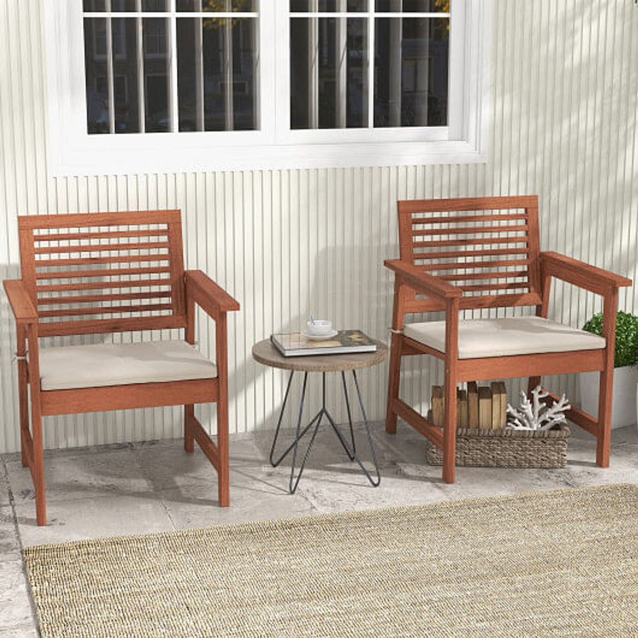 Set of 2 Patio Solid Wood Dining Chairs with Cushions and Slatted Seat