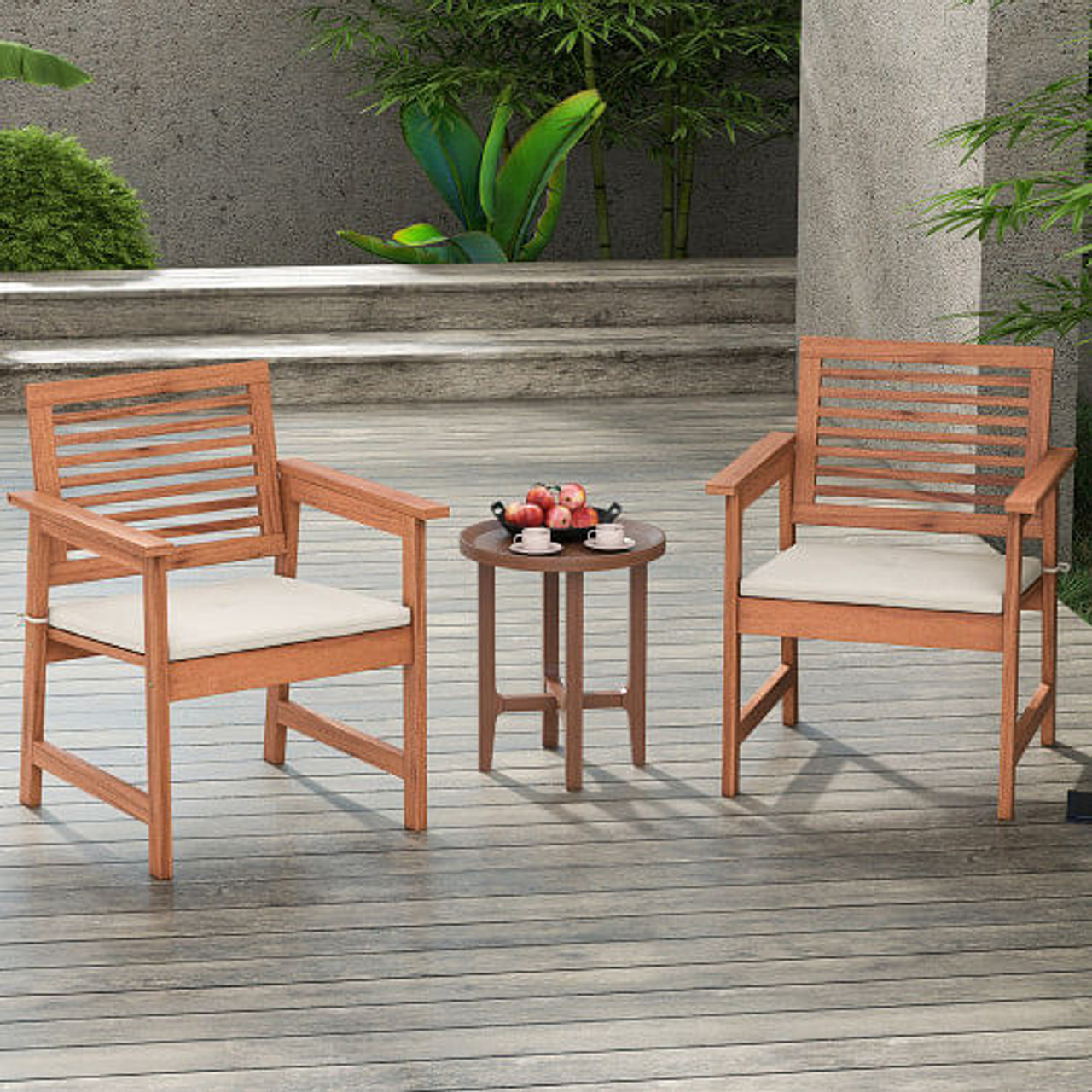 Set of 2 Patio Solid Wood Dining Chairs with Cushions and Slatted Seat