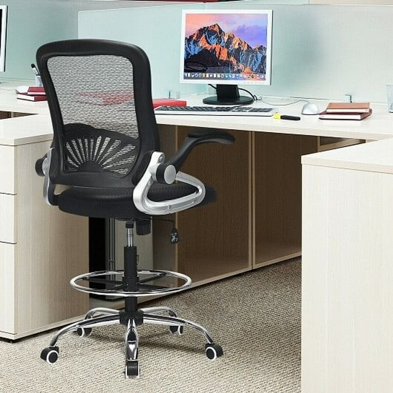 Adjustable Height Flip-Up Mesh Drafting Chair with Lumbar Support