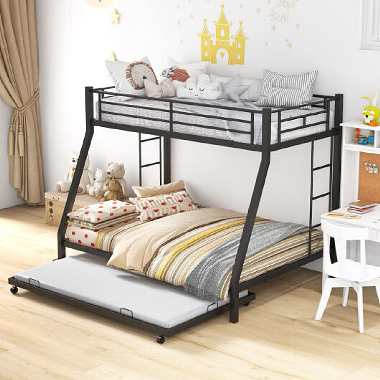 Twin Over Full Bunk Bed Frame with Trundle for Guest Room-Black