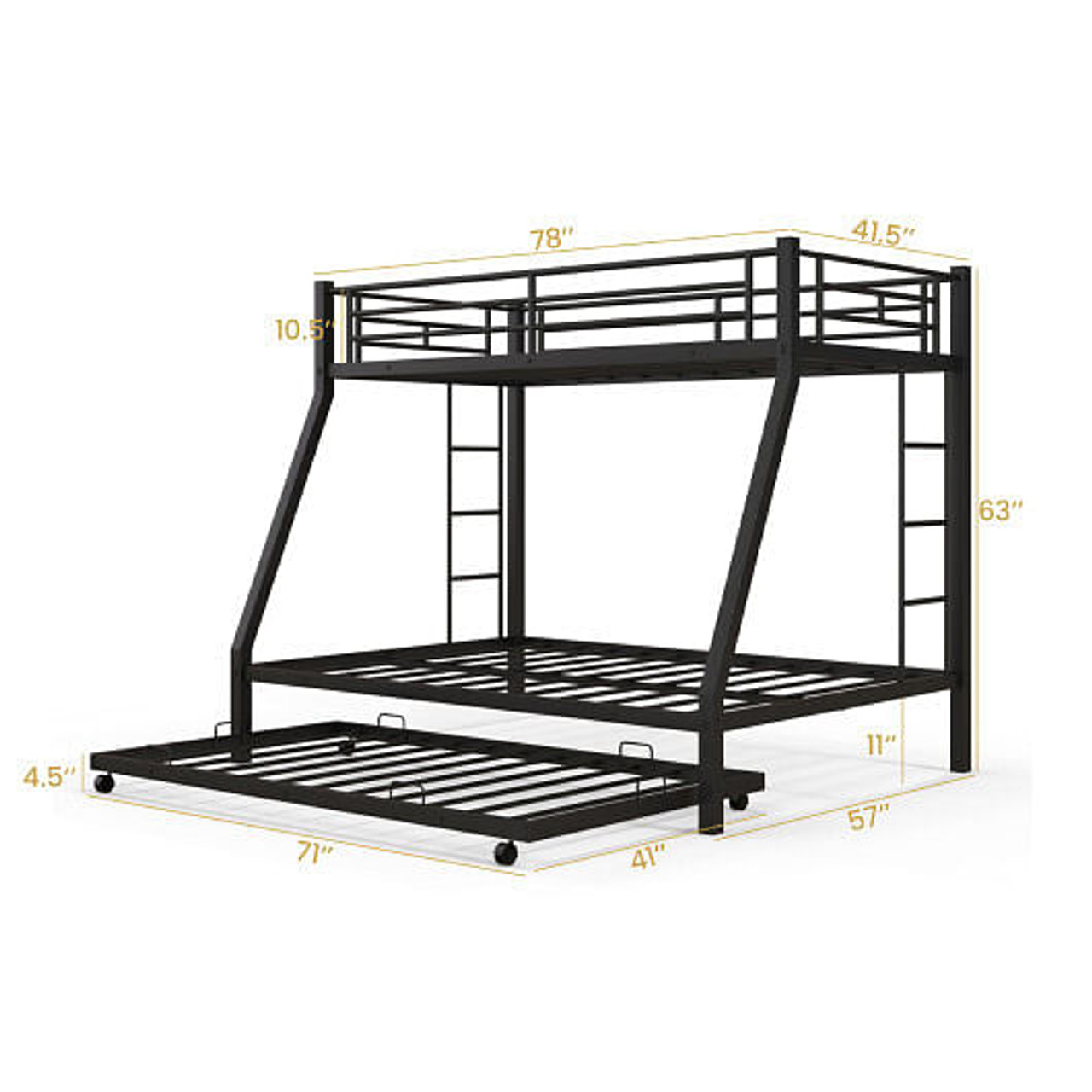 Twin Over Full Bunk Bed Frame with Trundle for Guest Room-Black