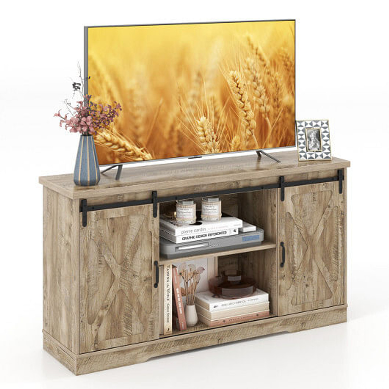 Farmhouse Entertainment Center with Adjustable Shelves and Storage Cabinet-Gray