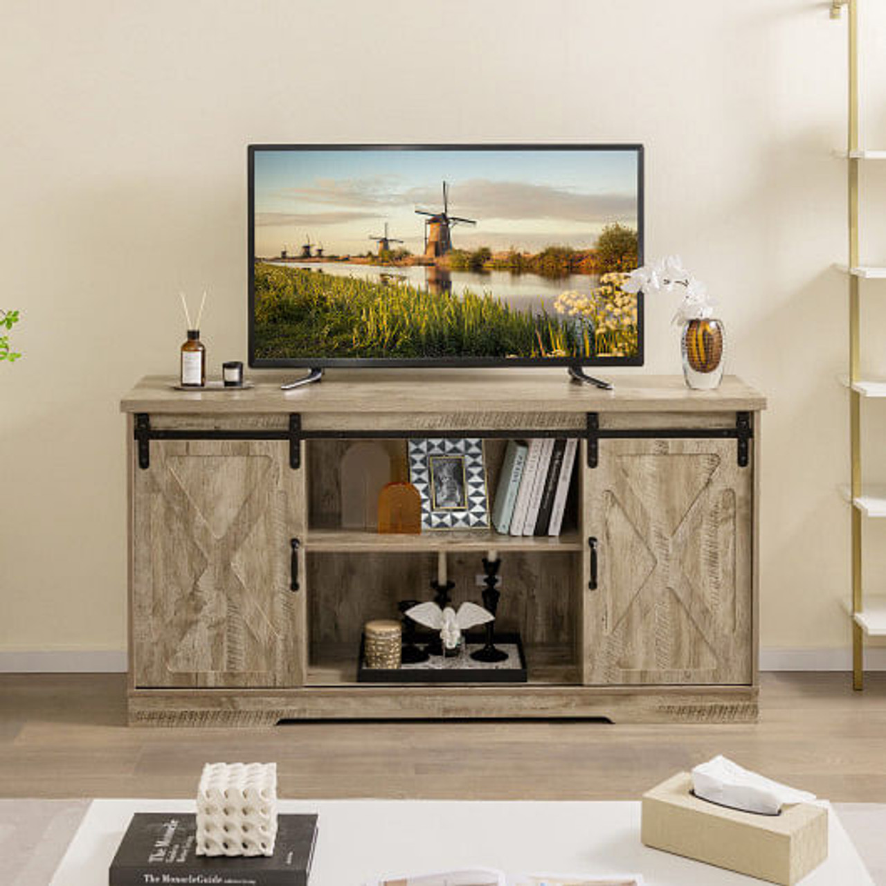 Farmhouse Entertainment Center with Adjustable Shelves and Storage Cabinet-Gray