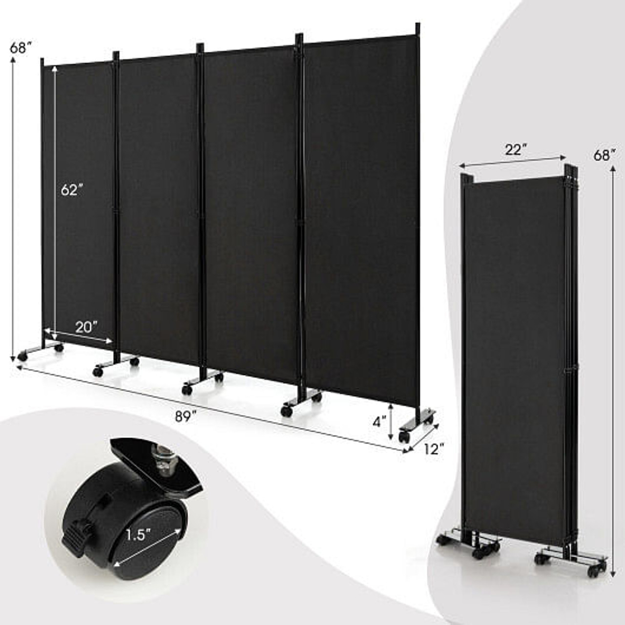 4-Panel Folding Room Divider 6 Feet Rolling Privacy Screen with Lockable Wheels-Black