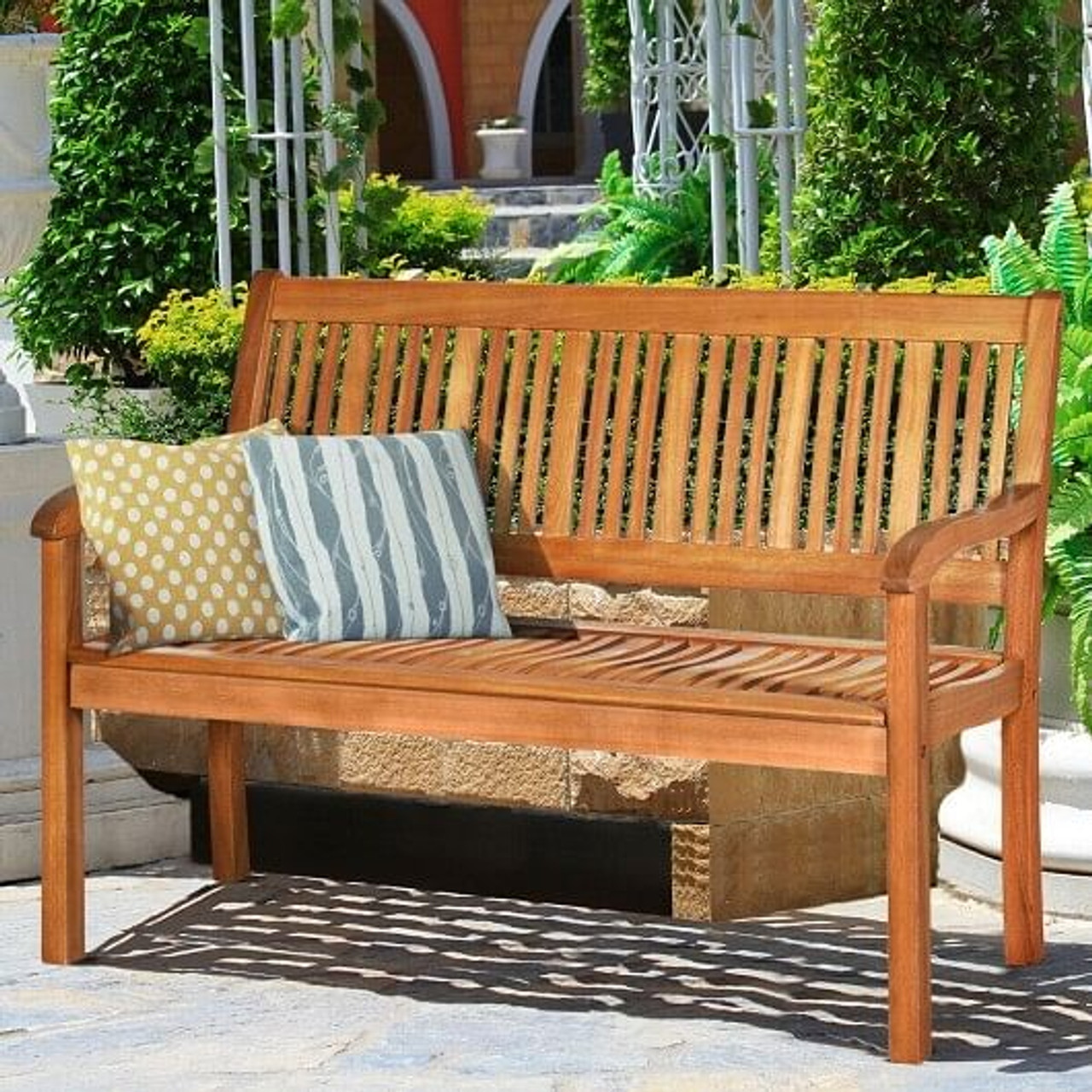 Two Person Solid Wood Garden Bench with Curved Backrest and Wide Armrest