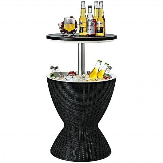 3 in 1 8 Gallon Patio Rattan Cooler Bar Table with Adjust Ice Bucket-Black