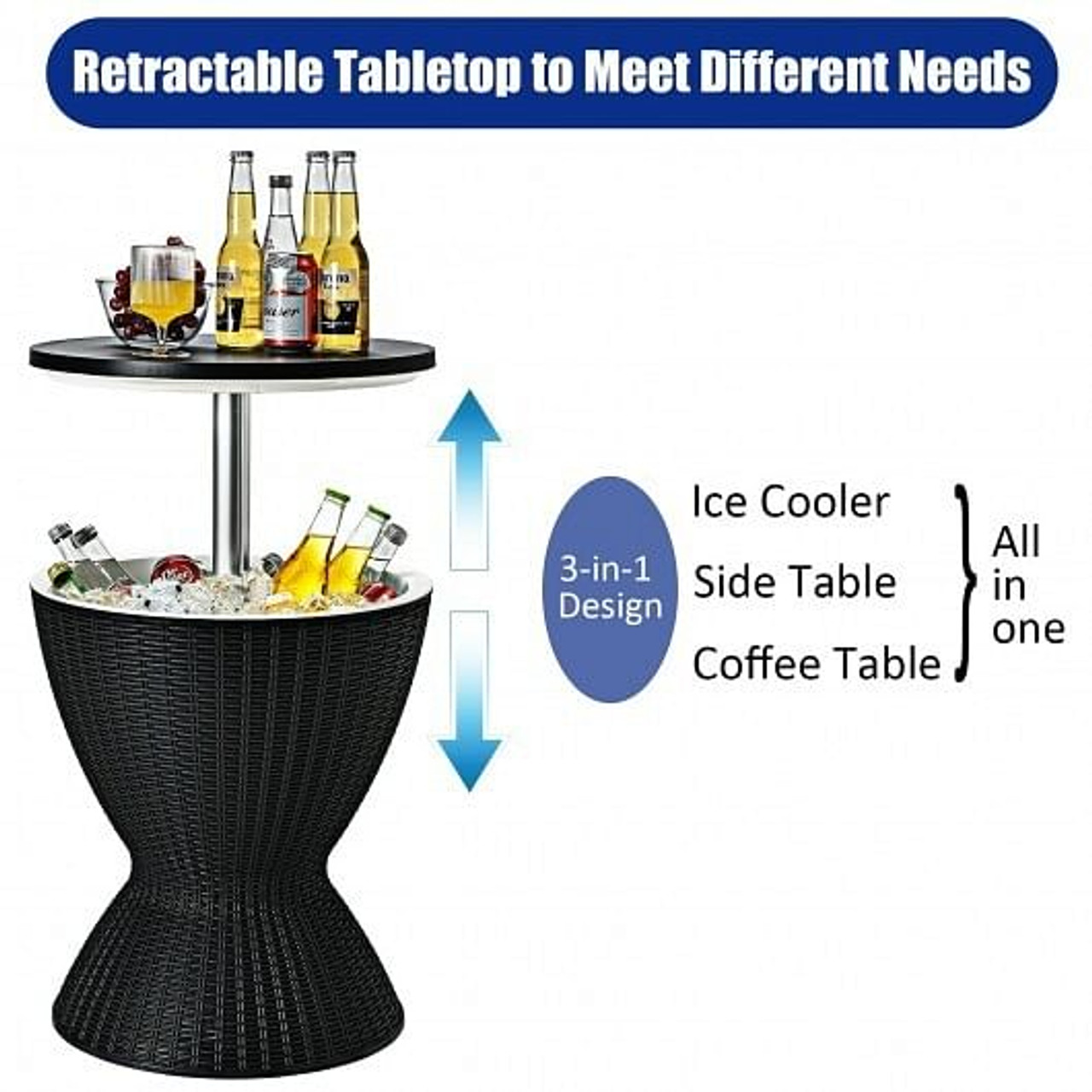 3 in 1 8 Gallon Patio Rattan Cooler Bar Table with Adjust Ice Bucket-Black