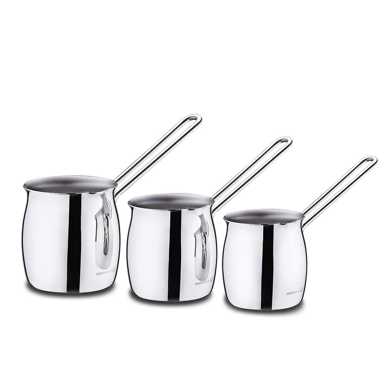 Korkmaz Tombik 3 Piece Stainless Steel Turkish Coffee Pot Set in Silver