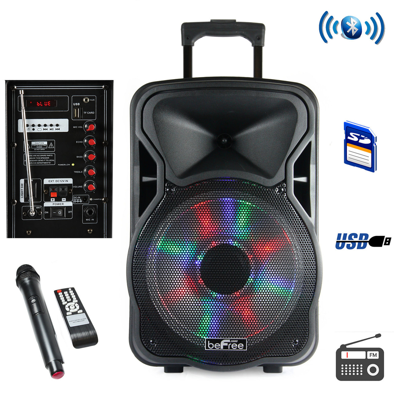beFree Sound 15 Inch Bluetooth Rechargeable Party Speaker With Illuminating Lights