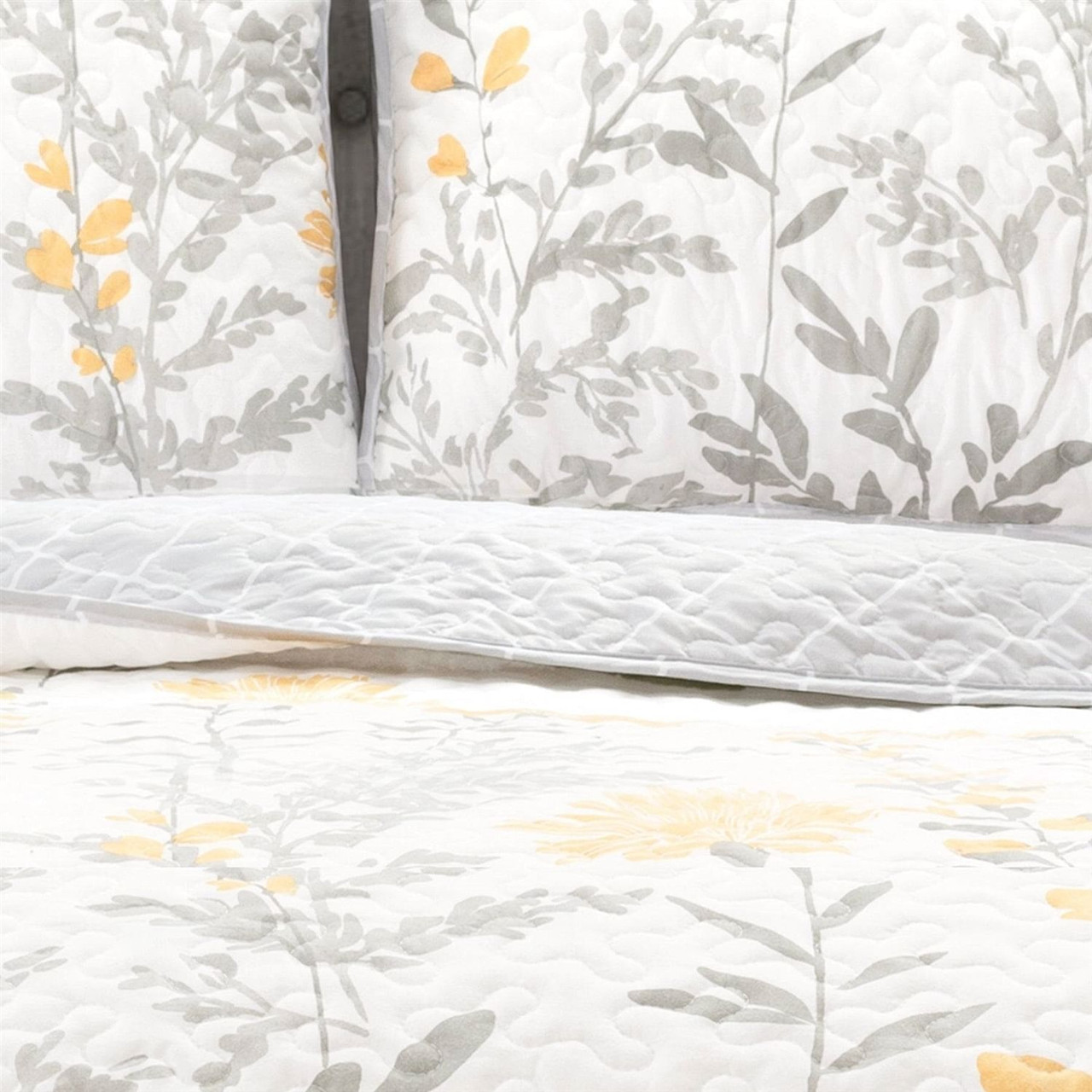 King size Yellow Grey Floral Light Thin Cotton Polyester Blend Quilt Set