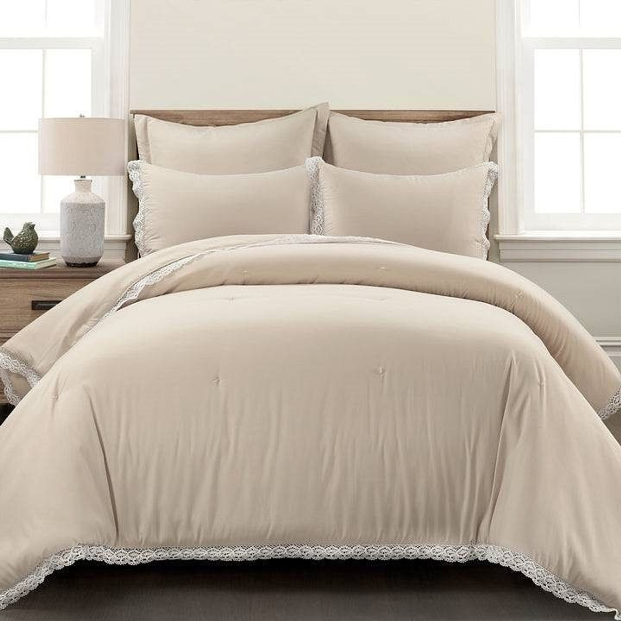 Full/Queen French Country Beige 5-Piece Lightweight Comforter Set w/ Lace Trim