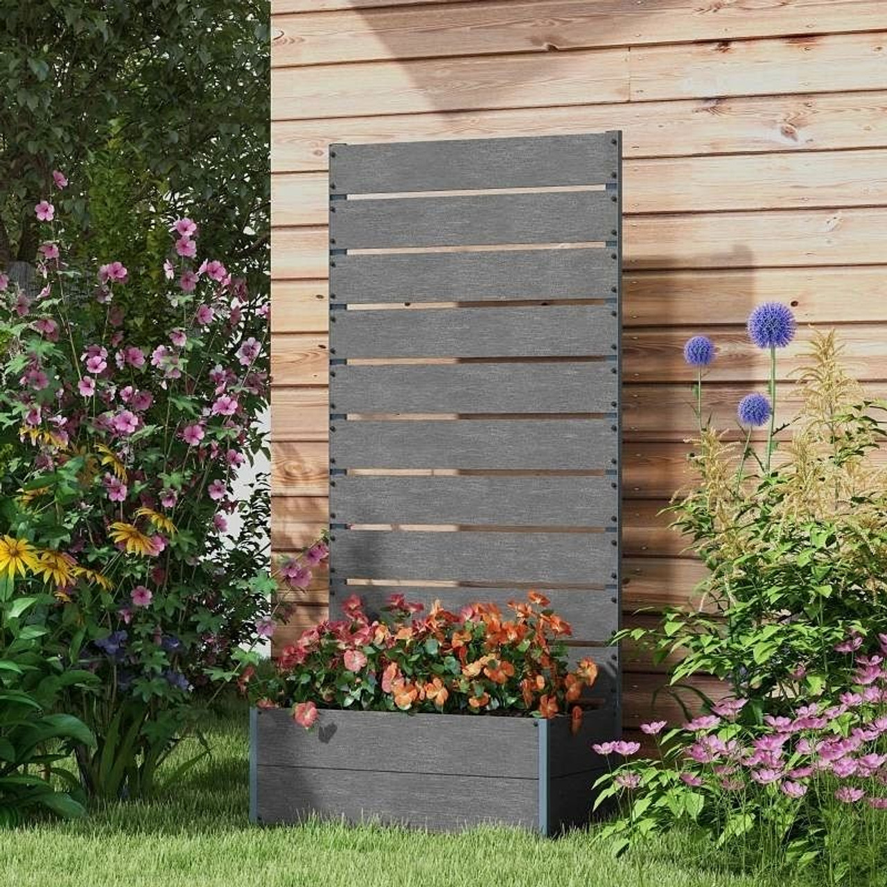 Outdoor Garden Raised Bed Planter with Slatted Fence Trellis in Grey Wood Finish