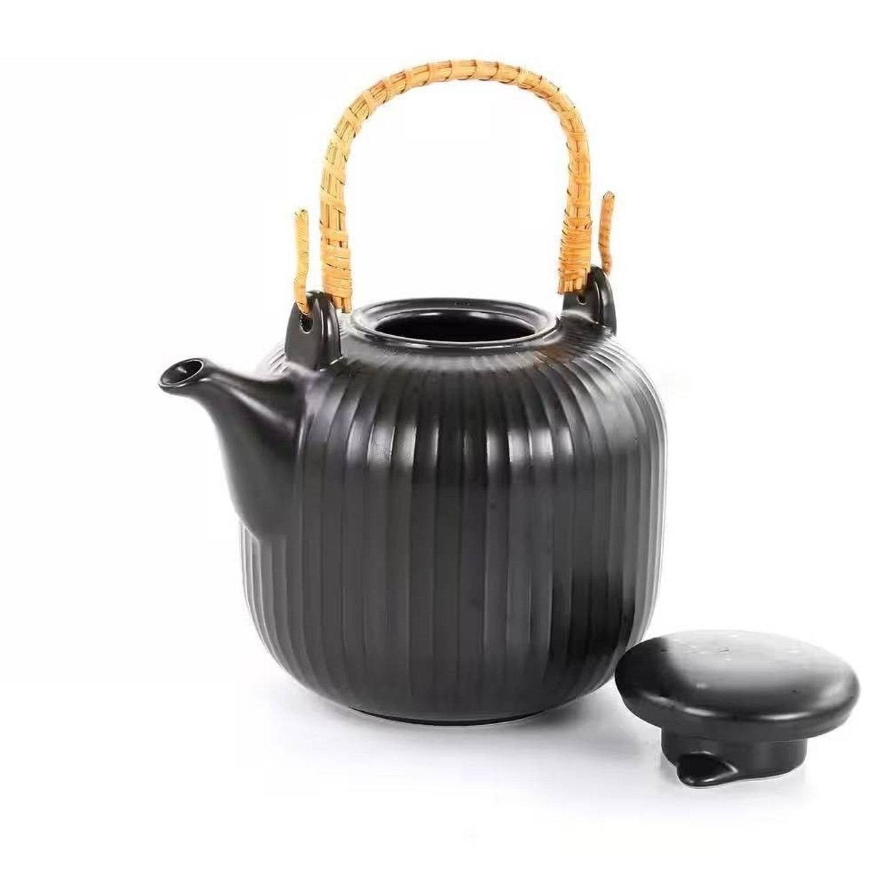 1.2 Quart Black Stoneware Teapot Kettle with Rattan Handle