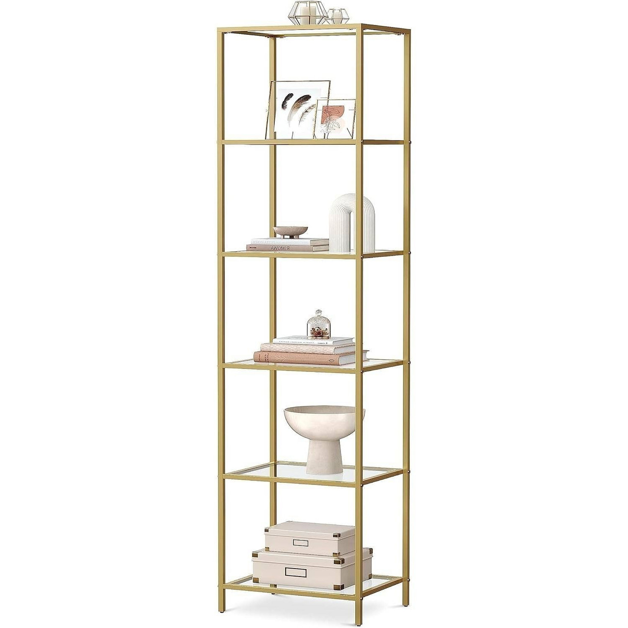 Narrow Glass Shelf Bookcase Bedroom Living Office Bath Storage Unit in Gold