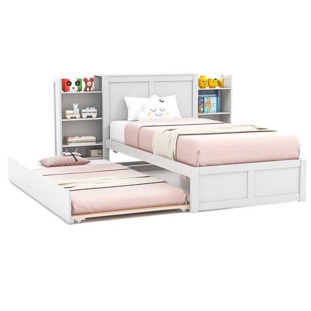 Twin/Full Wood Platform Bed w/ Trundle and Storage Bookcase Headboard in White