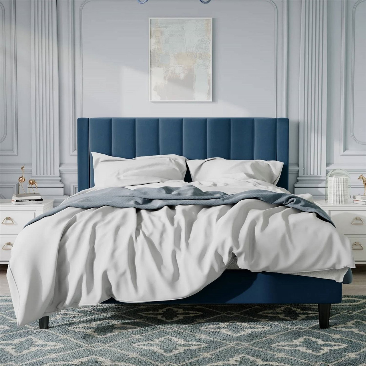 Queen size Modern Navy Blue Velvet Upholstered Platform Bed with Headboard