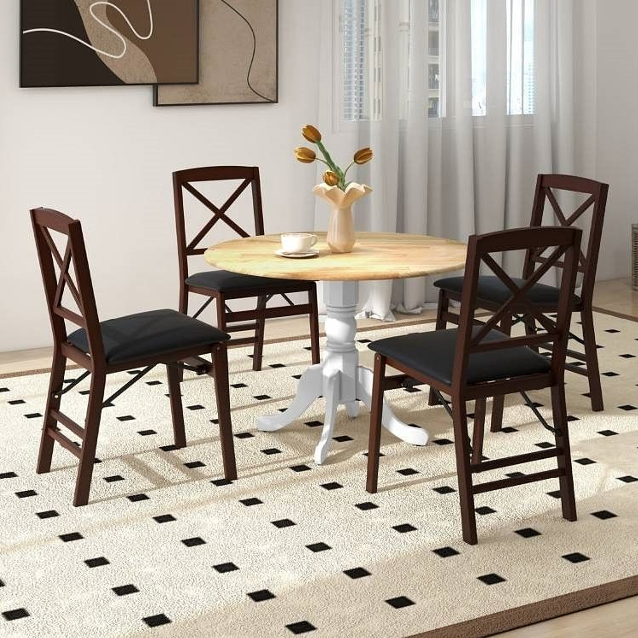 Round 40-inch Solid Wood Kitchen Dining Table with White Legs and Natural Top