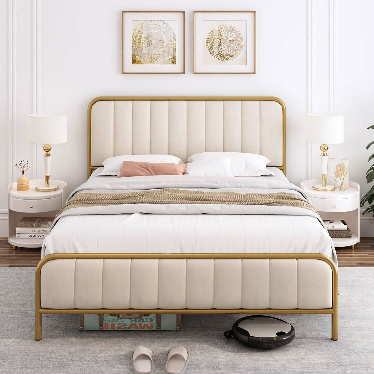 Queen size Gold Metal Platform Bed Frame with Off-White Upholstered Headboard