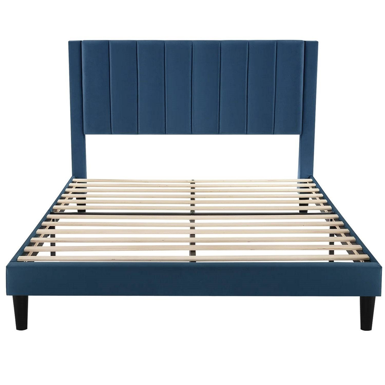 Full size Modern Navy Blue Velvet Upholstered Platform Bed with Headboard