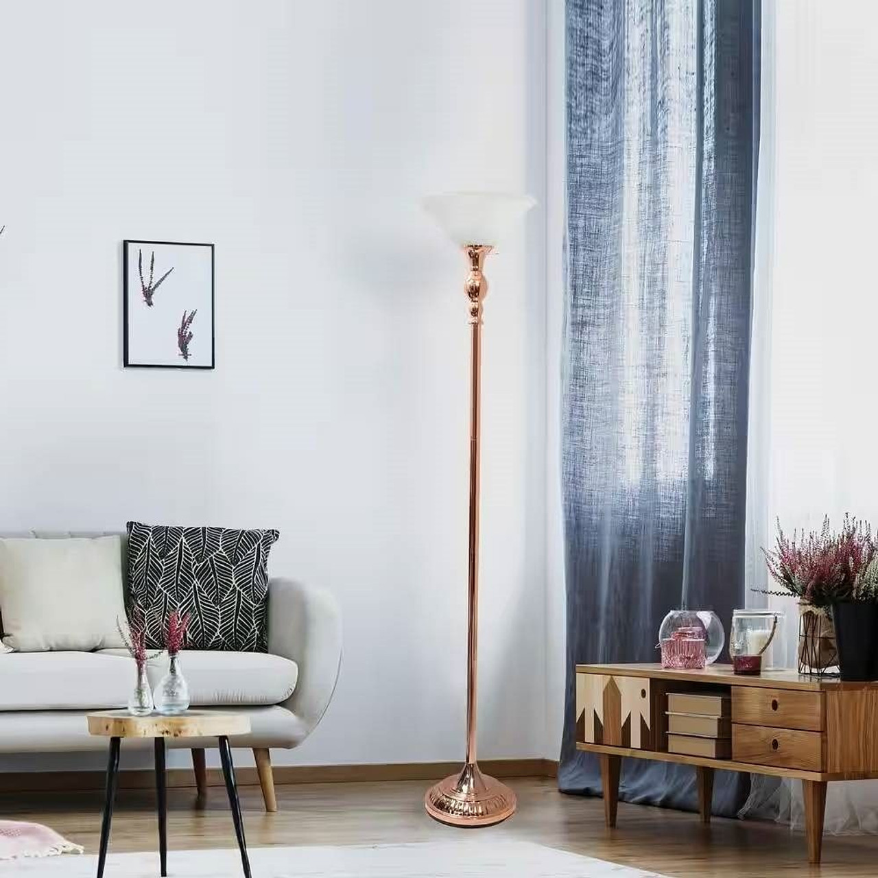 Rose Gold Copper Finish Metal Floor Lamp Torchiere with White Glass Shade