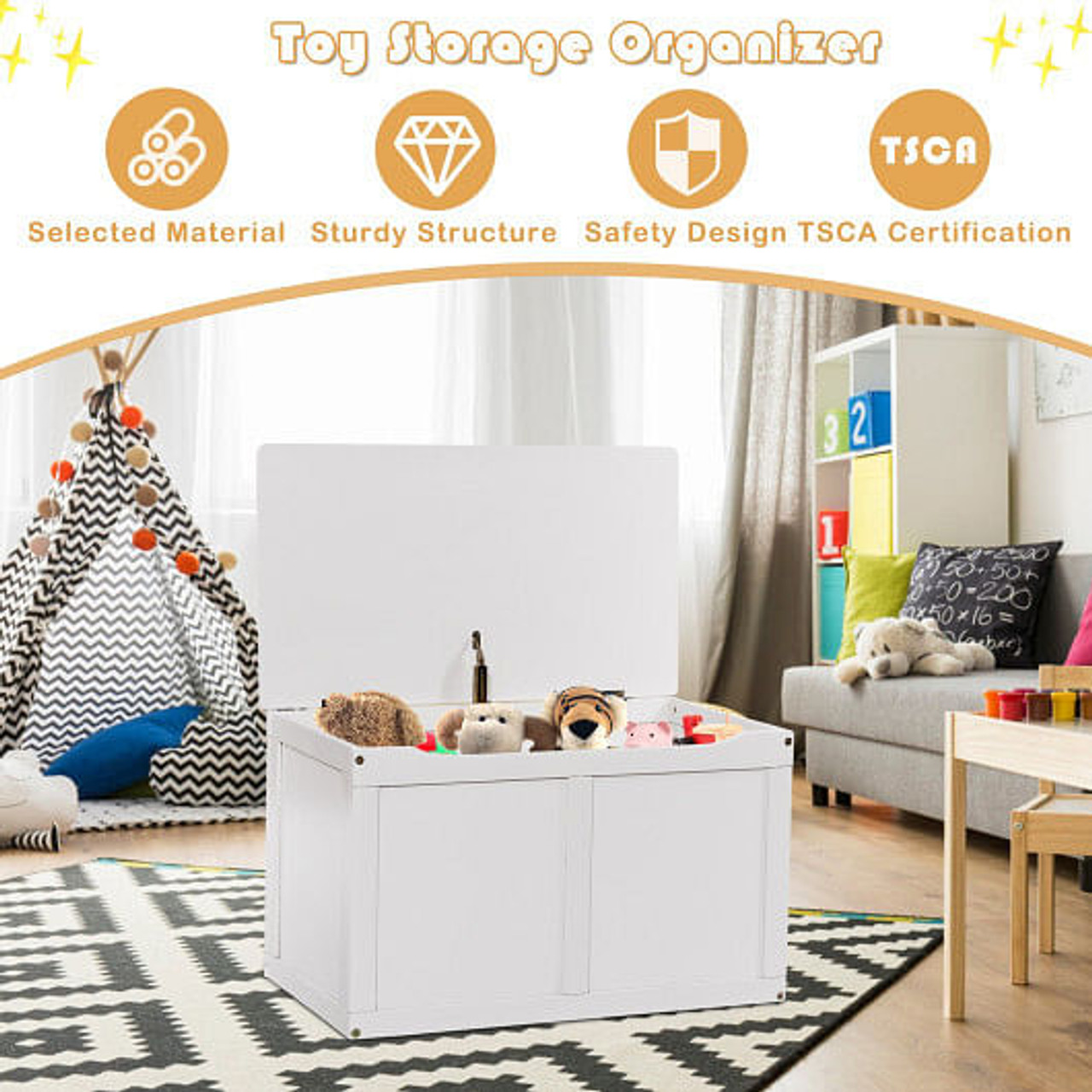 Safety Hinge Wooden Chest Organizer Toy Storage Box-Gray