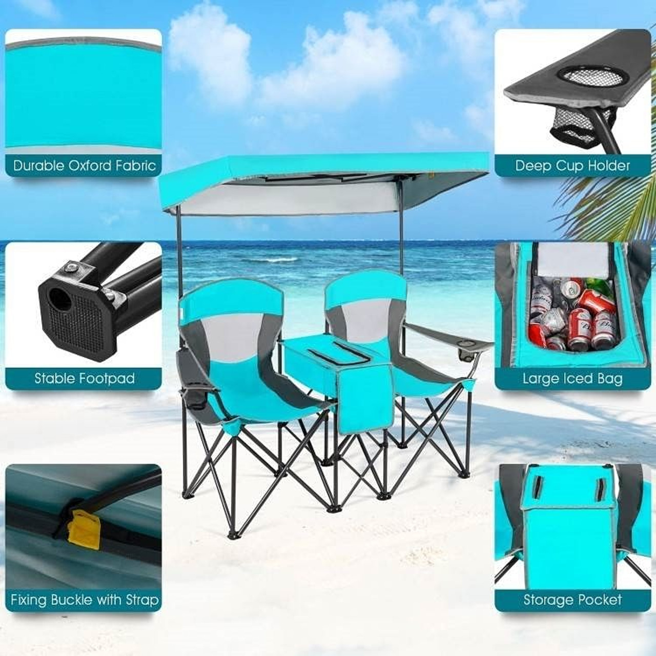 Turquoise Blue 2-Piece Folding Canopy Chair with Cup Holder and Storage Pocket