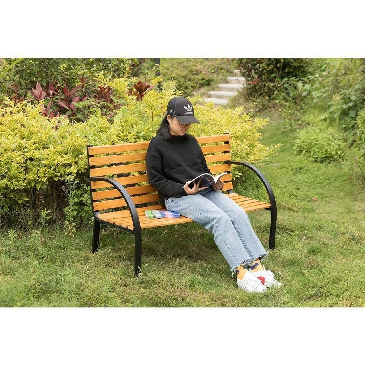 Outdoor Black Metal Frame Garden Bench with Wood Slats and Curved Armrests