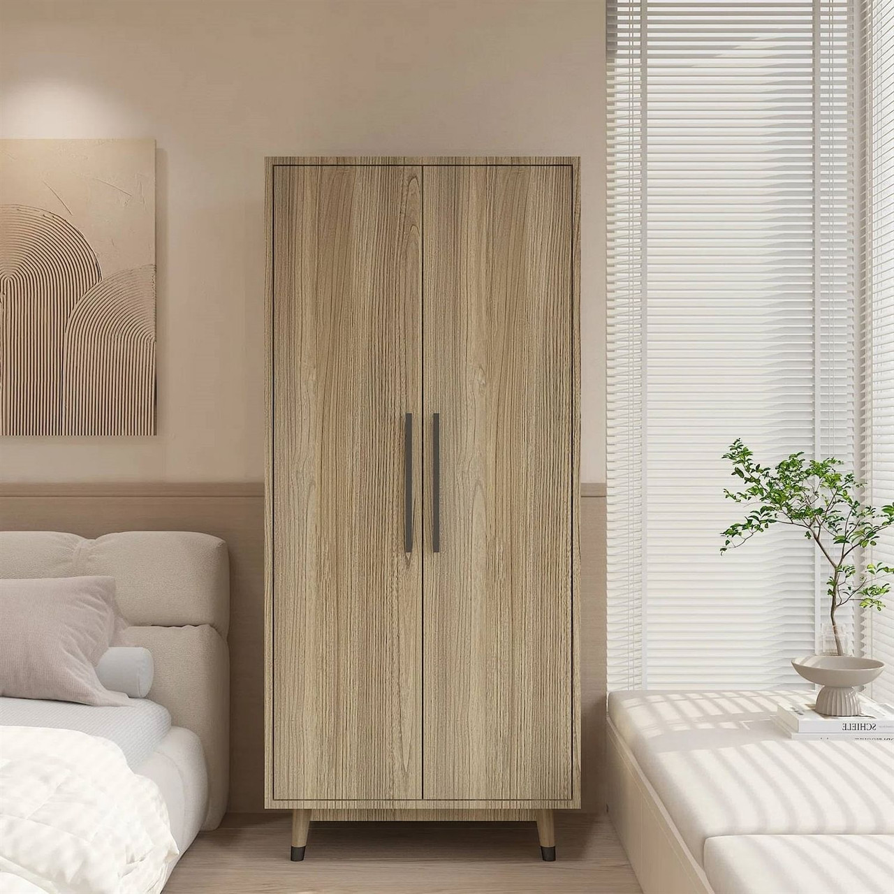 Mid-Century Modern 2-Door Bedroom Armoire Wardrobe Cabinet in Oak Wood Finish