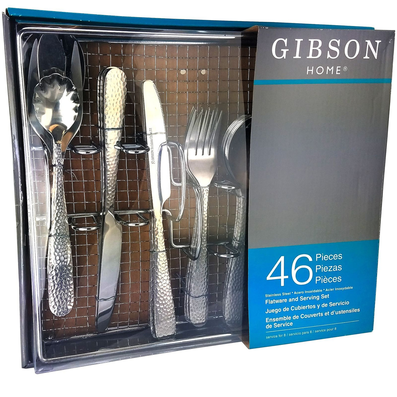 Gibson Home Hammered 46 Piece Flatware Set with Wire Caddy