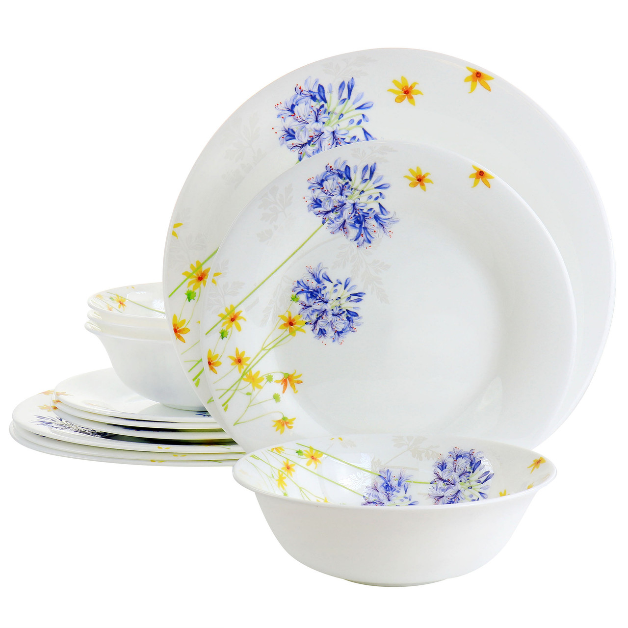 Gibson Ultra Violet Floral 12 Piece Tempered Opal Glass Dinnerware Set