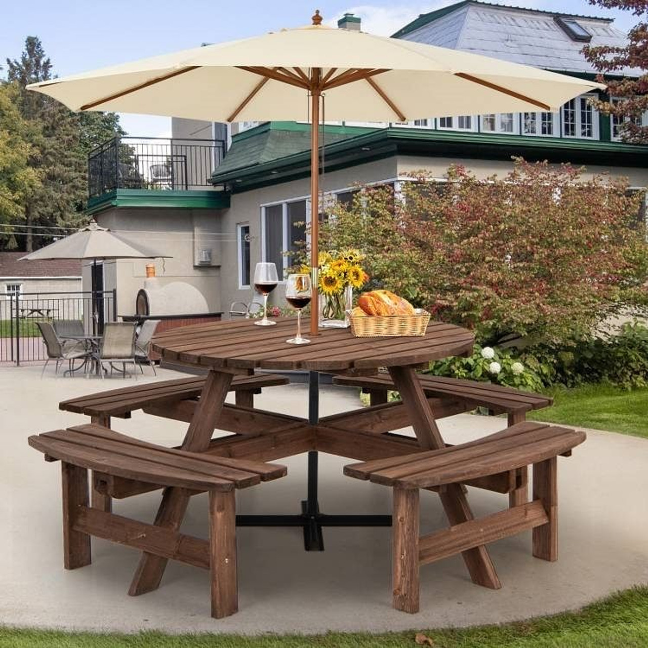 8-Set Outdoor Solid Wood Round Picnic Table with 4 Benches Patio Garden Dining Set