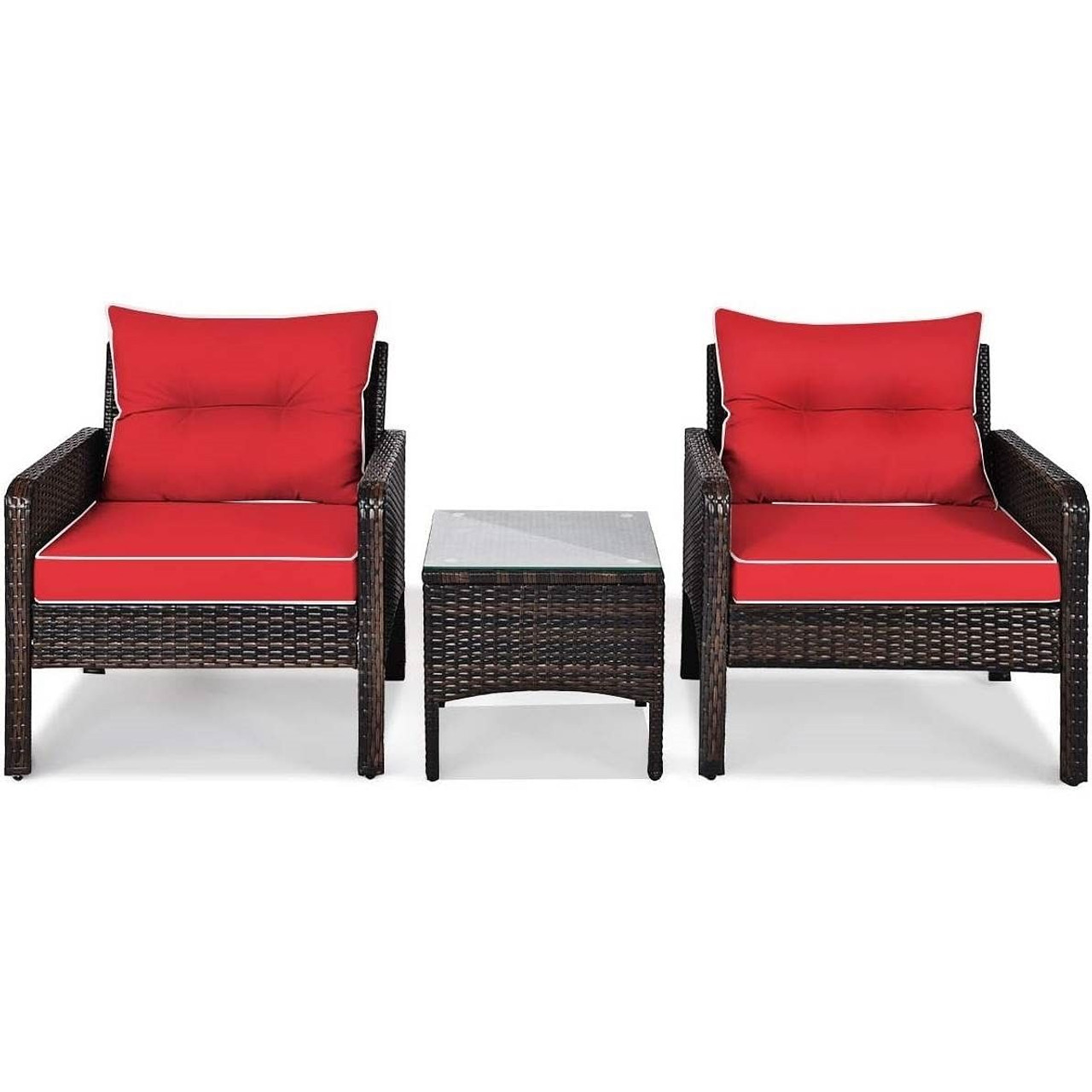 3-Piece Brown PE Rattan Outdoor Dining Patio Furniture Set with Red Cushions