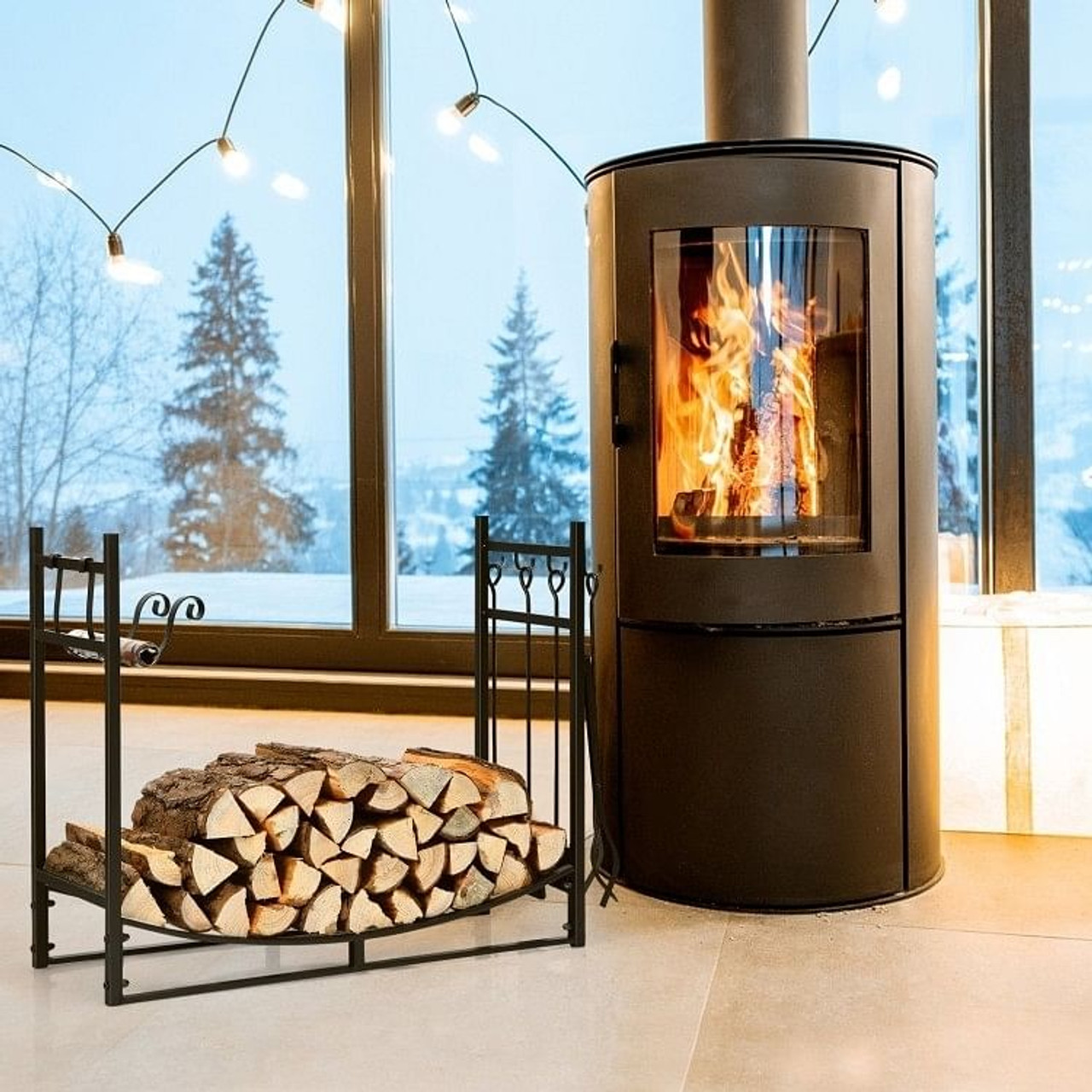 Indoor/Outdoor Heavy Duty Steel Firewood Storage w/ Kindling Holders, Shovel