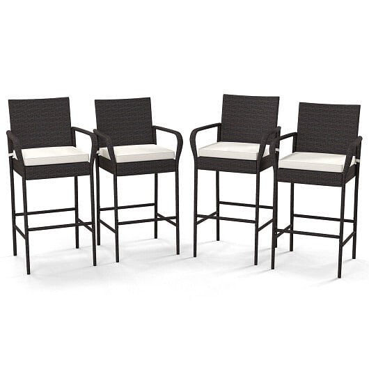 2/4 Pieces Outdoor PE Rattan Cushioned Barstool Set with Armrests-Set of 2