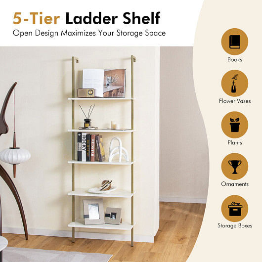 5 Tier Ladder Shelf Wall-Mounted Bookcase with Steel Frame-Brown