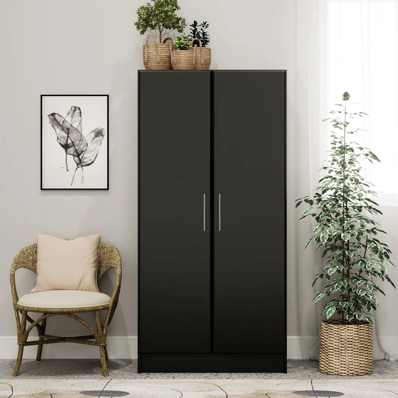 Bedroom Armoire Wardrobe Cabinet with Hanging Rail in Black Wood Finish