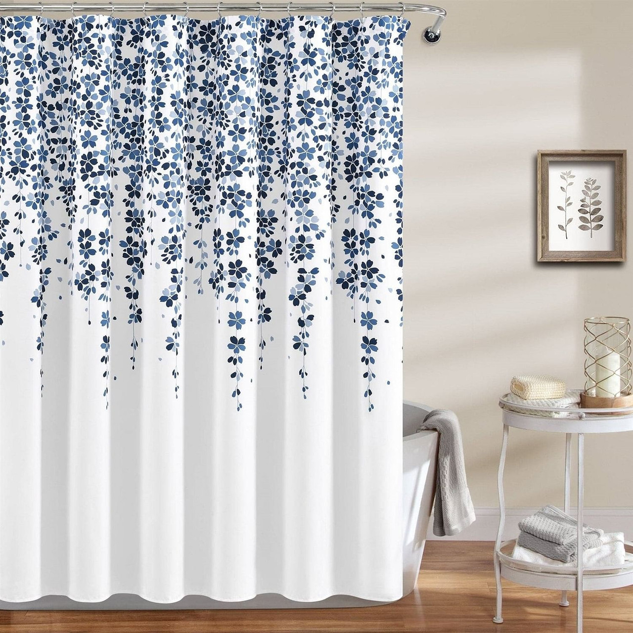 72-inch White Navy and Light Blue Floral Vines and Flowers Shower Curtain