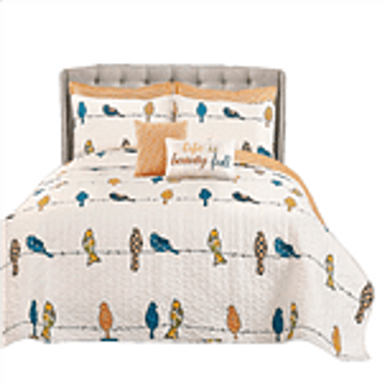 King size Orange White Blue Floral Birds On Wire 7 Piece Lightweight Quilt Set