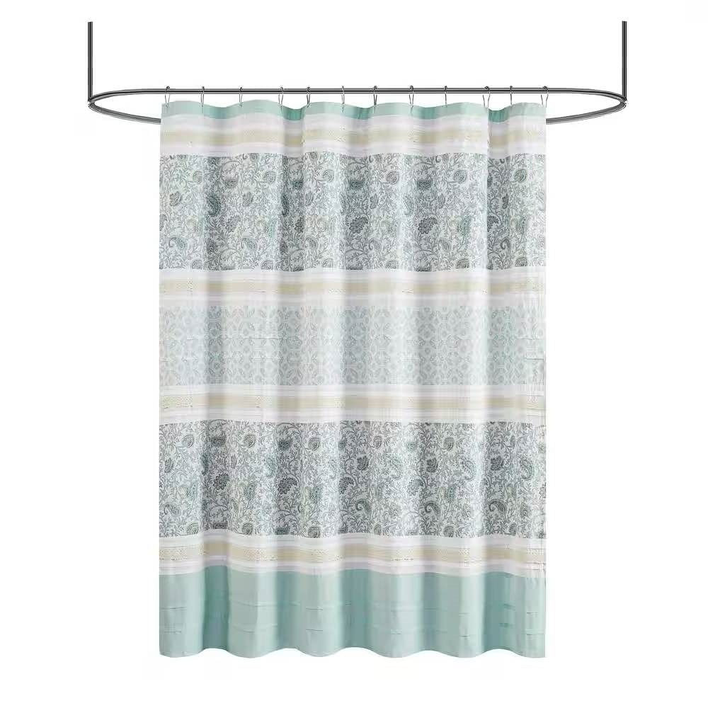 72 x 72-in Cotton Shower Curtain with Teal Blue Grey Cream White Paisley Pattern