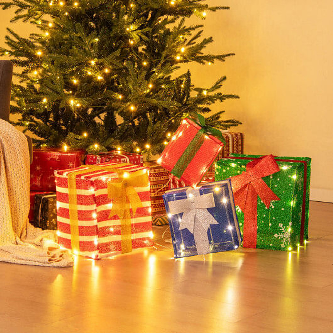 48 Inches Lighted Stacked Gift Boxes with Built-in LED Lights and Decorative Bows