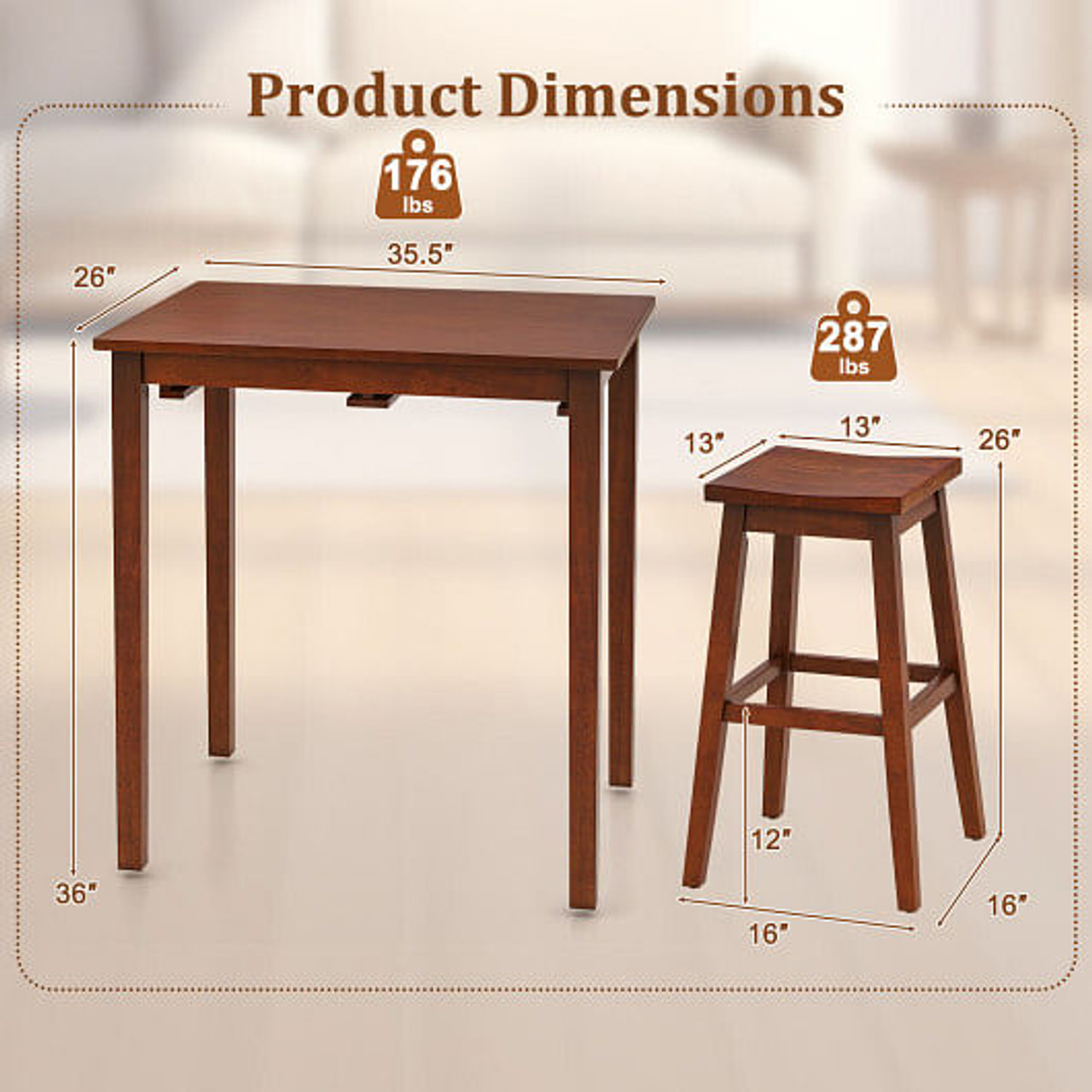 3-Piece Bar Table Set with Pub Table and 2 Saddle Stools-Espresso