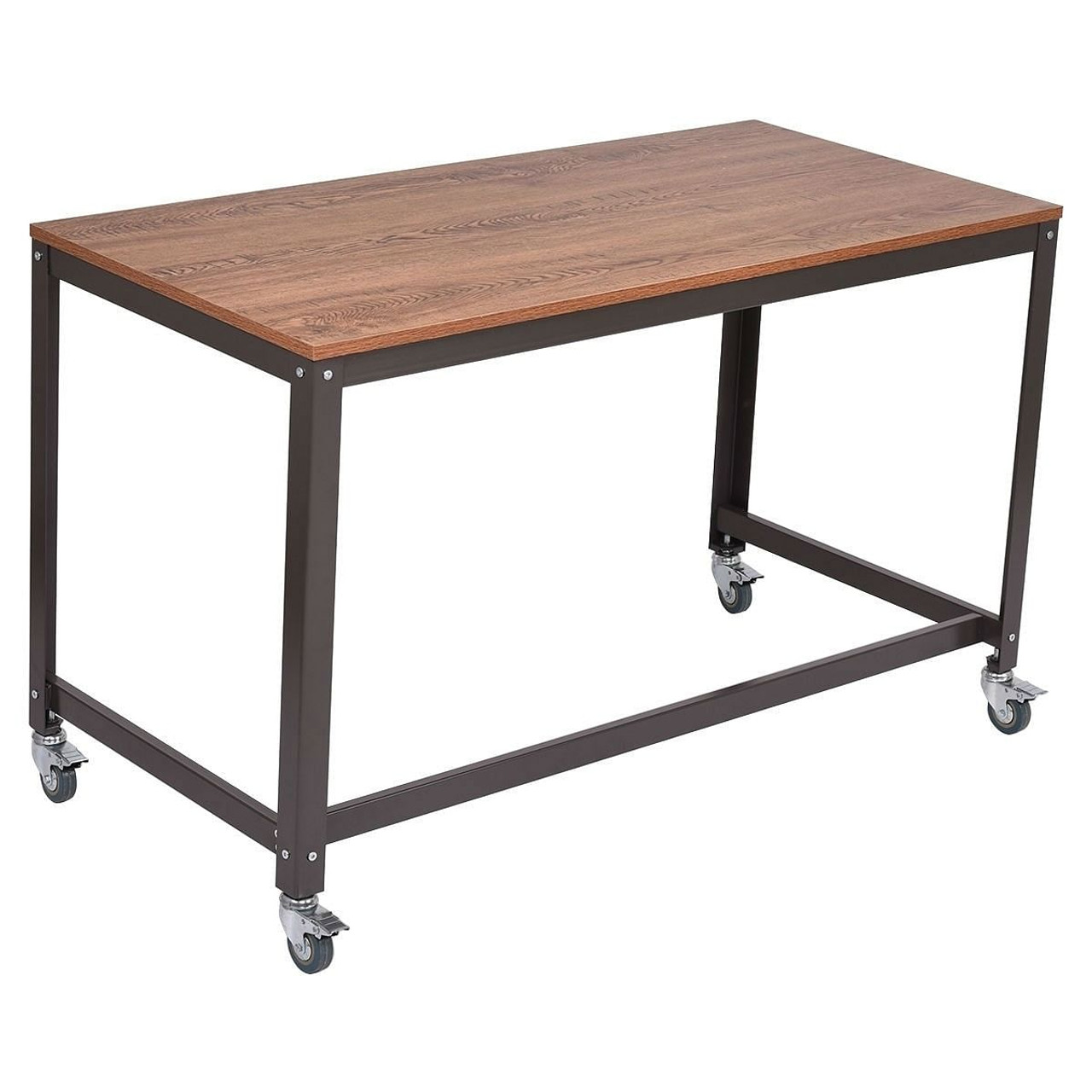 Industrial Modern Steel Frame Wood Top Computer Desk with Locking Wheels