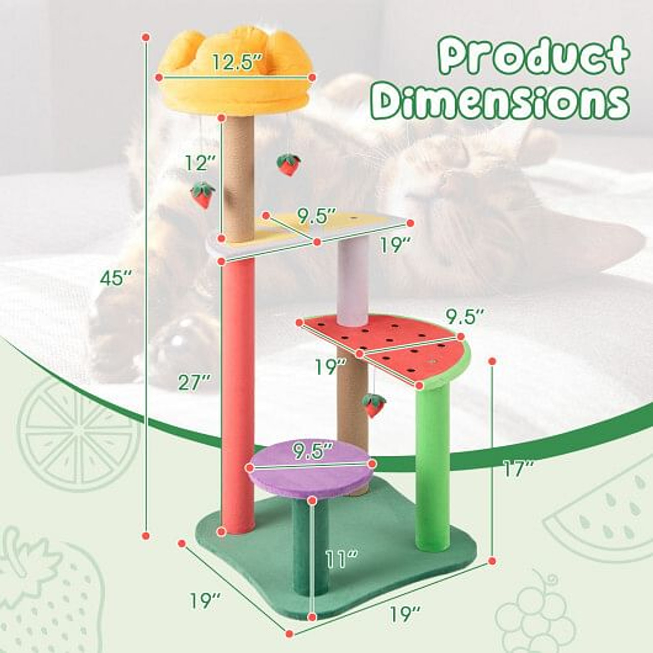 45 Inch Multi-Level Cat Tree with Plush Padded Top Perch and Fruit-Shaped Platforms