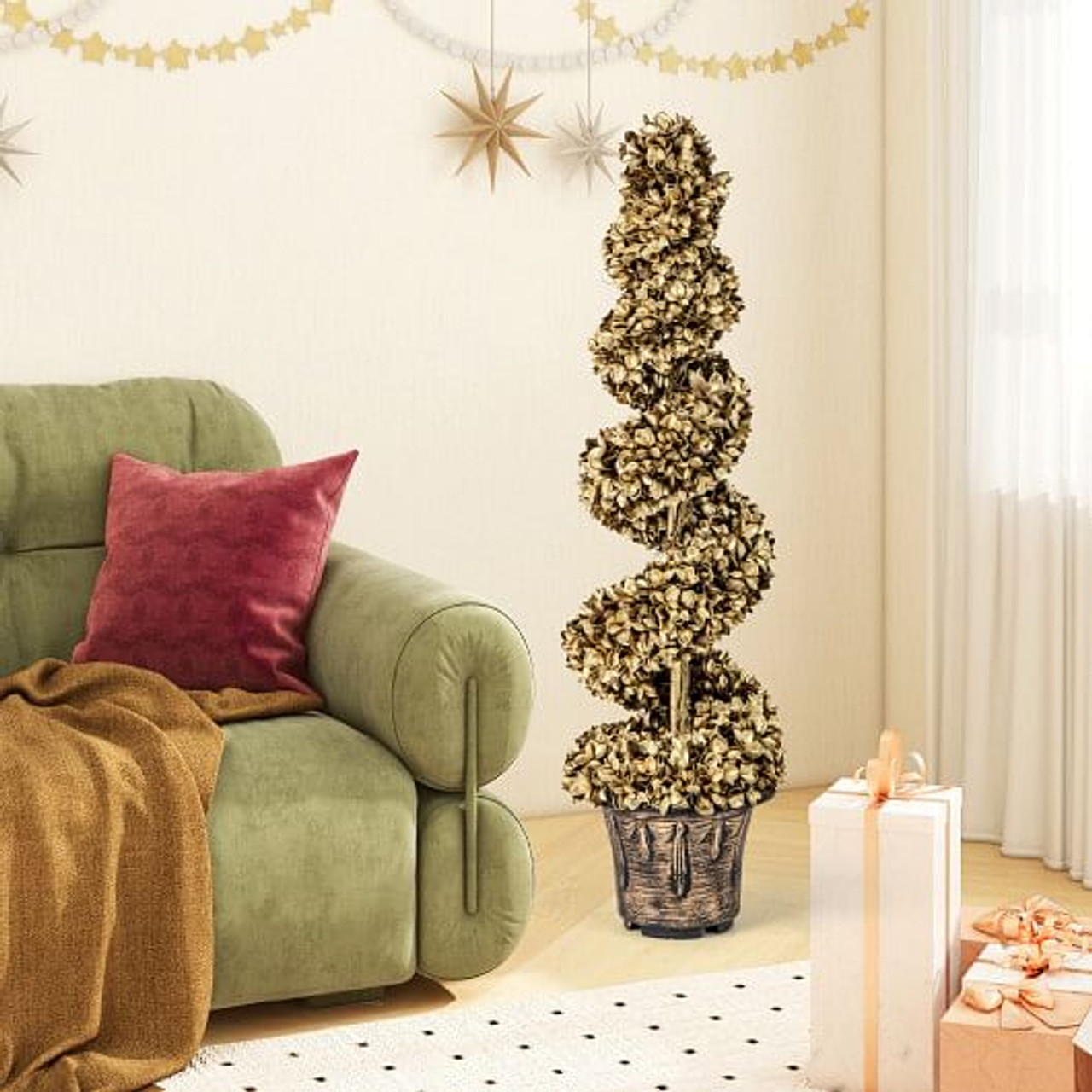 4 FT Artificial Topiary Spiral Tree Set of 2 with Vintage Plastic Nursery Pot-Gold