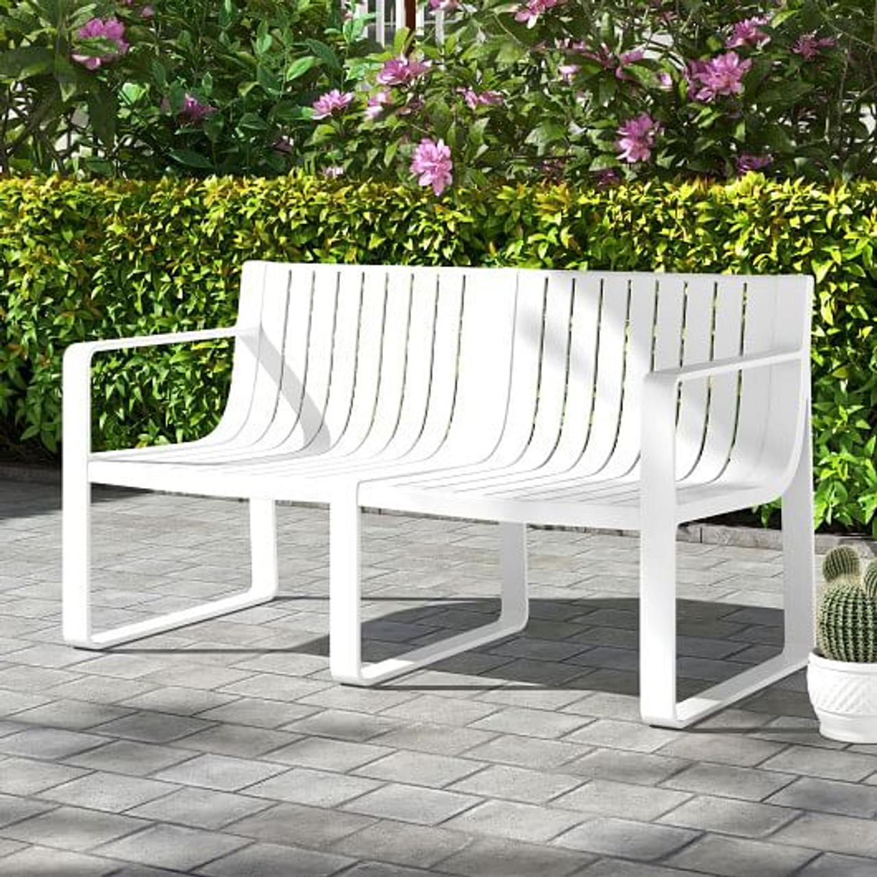 Weather-resistant Plastic 2-Person Bench with Curved Backrest-Blue