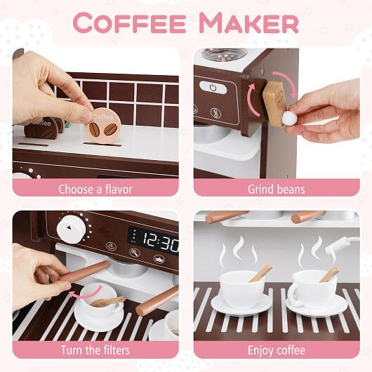 Kids Kitchen Set Wooden with Coffee Makers and Accessories-White