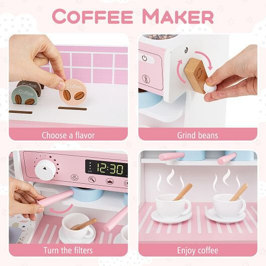 Kids Kitchen Set Wooden with Coffee Makers and Accessories-White