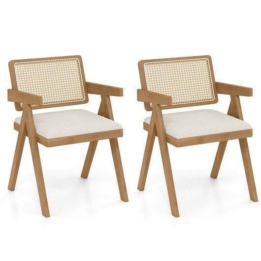 Set of 2 Rattan Accent Chairs with Padded Cushion and Rubber Wood Frame-Beige